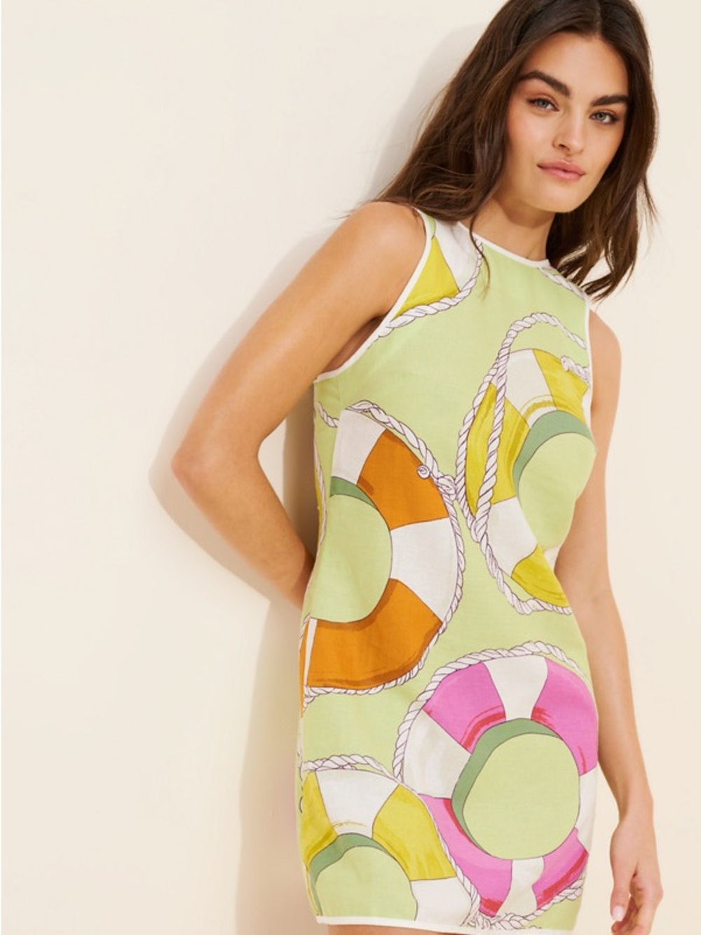 Sleeveless Mini Dress in Light Green with Colorful Float-Prints
